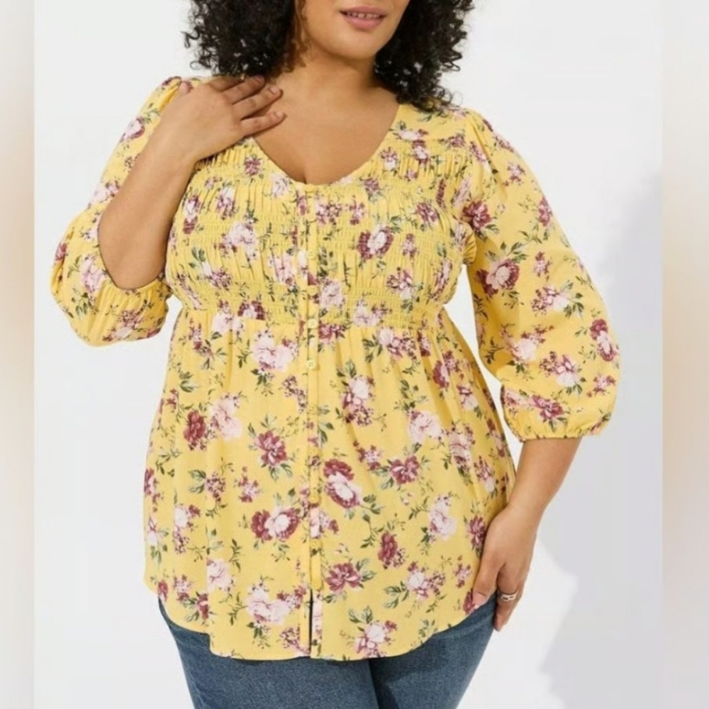 Torrid Challis Floral Garden Longsleeve Smocked Cottagecore Grannycore Top